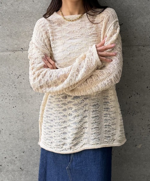 CIEL'AIR(シエルエアー)の「OPEN-KNIT CREW NECK SWEATER(スカシアミクルーネックセーター)(ニット/セーター・レディース・ブラック/アイボリー/ミント・FREE)」の4枚目の写真