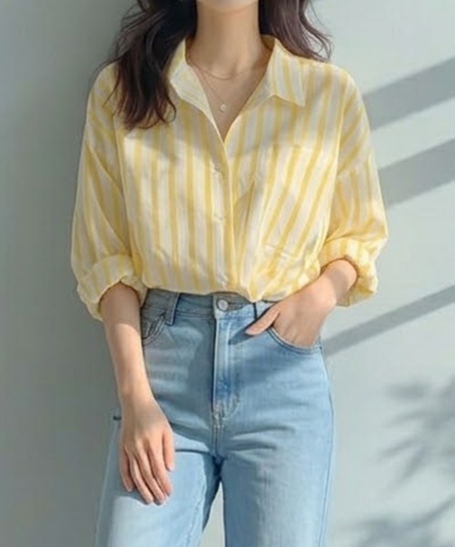 SallyLunn(サリーラン)の「爽やかストライプシャツ(シャツ/ブラウス・レディース・イエロー・MEDIUM/LARGE/FREE)」の5枚目の写真