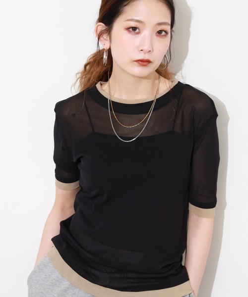 Gleam（グリーム）の「レイヤード風シアー半袖プルオーバー（Tシャツ/カットソー・レディース・ベージュ系その他/グレー系その他/ブラック系その他/ピンク系その他・F）」の2枚目の写真