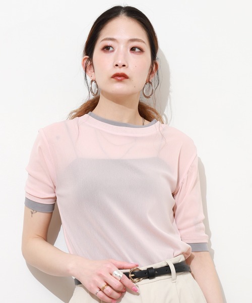 Gleam（グリーム）の「レイヤード風シアー半袖プルオーバー（Tシャツ/カットソー・レディース・ベージュ系その他/グレー系その他/ブラック系その他/ピンク系その他・F）」の4枚目の写真