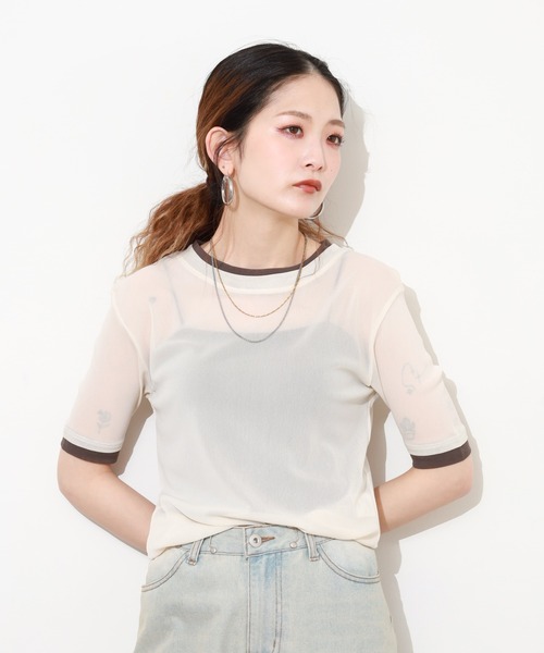Gleam（グリーム）の「レイヤード風シアー半袖プルオーバー（Tシャツ/カットソー・レディース・ベージュ系その他/グレー系その他/ブラック系その他/ピンク系その他・F）」の5枚目の写真