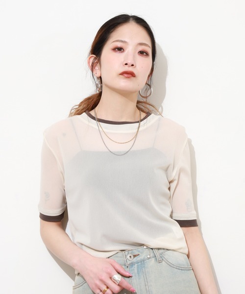 Gleam（グリーム）の「レイヤード風シアー半袖プルオーバー（Tシャツ/カットソー・レディース・ベージュ系その他/グレー系その他/ブラック系その他/ピンク系その他・F）」の6枚目の写真