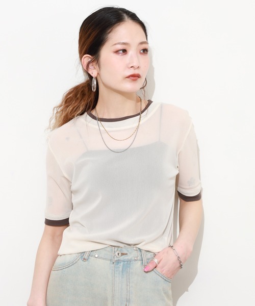 Gleam（グリーム）の「レイヤード風シアー半袖プルオーバー（Tシャツ/カットソー・レディース・ベージュ系その他/グレー系その他/ブラック系その他/ピンク系その他・F）」の7枚目の写真