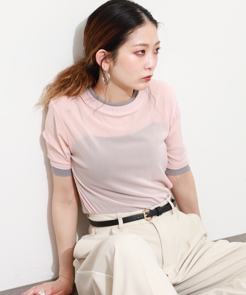 Gleam（グリーム）の「レイヤード風シアー半袖プルオーバー（Tシャツ/カットソー・レディース・ベージュ系その他/グレー系その他/ブラック系その他/ピンク系その他・F）」の10枚目の写真
