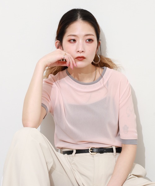 Gleam（グリーム）の「レイヤード風シアー半袖プルオーバー（Tシャツ/カットソー・レディース・ベージュ系その他/グレー系その他/ブラック系その他/ピンク系その他・F）」の11枚目の写真