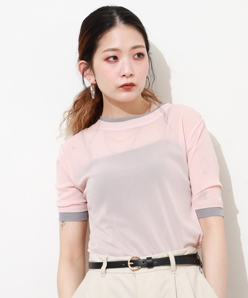 Gleam（グリーム）の「レイヤード風シアー半袖プルオーバー（Tシャツ/カットソー・レディース・ベージュ系その他/グレー系その他/ブラック系その他/ピンク系その他・F）」の12枚目の写真