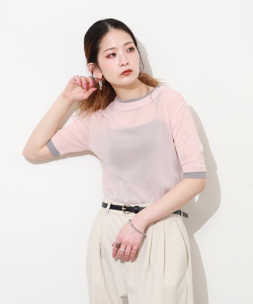 Gleam（グリーム）の「レイヤード風シアー半袖プルオーバー（Tシャツ/カットソー・レディース・ベージュ系その他/グレー系その他/ブラック系その他/ピンク系その他・F）」の14枚目の写真