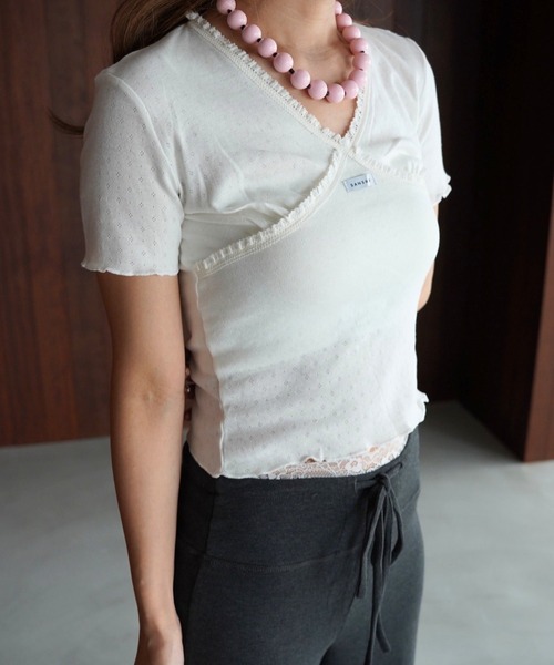 SANSeLF(サンセルフ)の「【SANSeLF】レーストリムカシュクールトップス saw26s064(その他トップス・レディース・ブラック/ホワイト・FREE)」の5枚目の写真