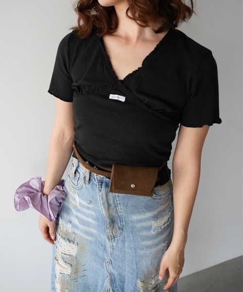 SANSeLF(サンセルフ)の「【SANSeLF】レーストリムカシュクールトップス saw26s064(その他トップス・レディース・ブラック/ホワイト・FREE)」の10枚目の写真