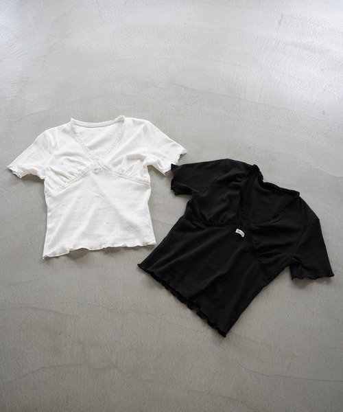 SANSeLF(サンセルフ)の「【SANSeLF】レーストリムカシュクールトップス saw26s064(その他トップス・レディース・ブラック/ホワイト・FREE)」の16枚目の写真