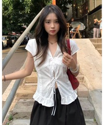 セール】【WEB限定】フロントリボンキャップスリーブ半袖ブラウス