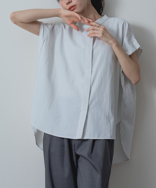 ANNA LUNA（アンナルナ）の「【ANNA LUNA】軽やかに着映える ストライプ 半袖 バンドカラー ブラウス（シャツ/ブラウス・レディース・ブラウン/オフホワイト/ブラック/ブルー・MEDIUM）」の6枚目の写真