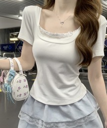 スクエアネック レース リボン付き 半袖Tシャツ