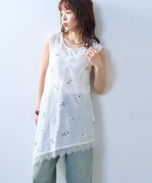 CIAOPANIC TYPY（チャオパニックティピー）の「【willow】スパンコールビーズレースアシメキャミチュニック（Tシャツ/カットソー・レディース・ブラック/ホワイト・ONE SIZE）」の5枚目の写真