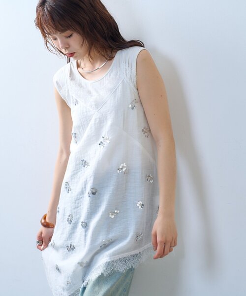 CIAOPANIC TYPY（チャオパニックティピー）の「【willow】スパンコールビーズレースアシメキャミチュニック（Tシャツ/カットソー・レディース・ブラック/ホワイト・ONE SIZE）」の7枚目の写真