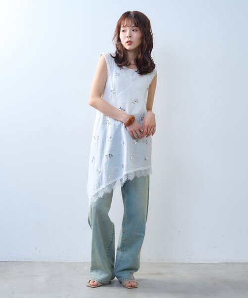 CIAOPANIC TYPY（チャオパニックティピー）の「【willow】スパンコールビーズレースアシメキャミチュニック（Tシャツ/カットソー・レディース・ブラック/ホワイト・ONE SIZE）」の9枚目の写真