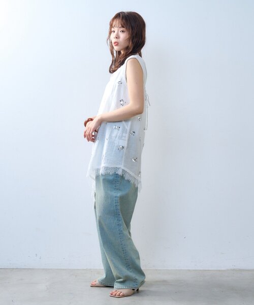 CIAOPANIC TYPY（チャオパニックティピー）の「【willow】スパンコールビーズレースアシメキャミチュニック（Tシャツ/カットソー・レディース・ブラック/ホワイト・ONE SIZE）」の10枚目の写真