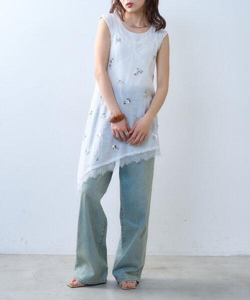 CIAOPANIC TYPY（チャオパニックティピー）の「【willow】スパンコールビーズレースアシメキャミチュニック（Tシャツ/カットソー・レディース・ブラック/ホワイト・ONE SIZE）」の13枚目の写真