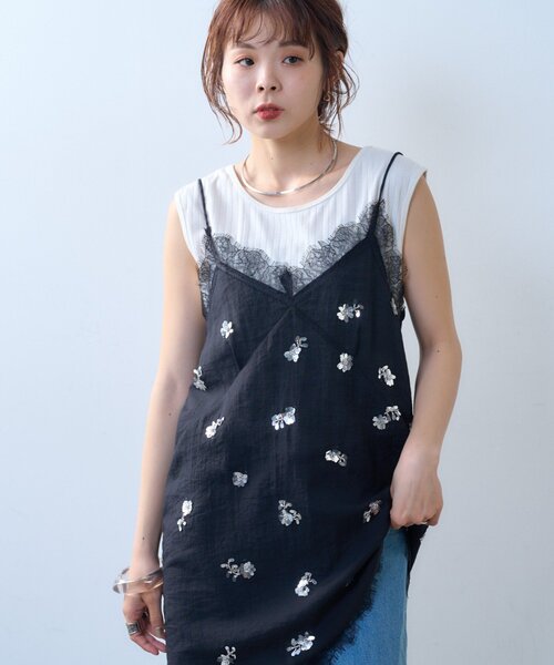 CIAOPANIC TYPY（チャオパニックティピー）の「【willow】スパンコールビーズレースアシメキャミチュニック（Tシャツ/カットソー・レディース・ブラック/ホワイト・ONE SIZE）」の15枚目の写真