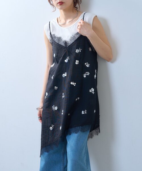CIAOPANIC TYPY（チャオパニックティピー）の「【willow】スパンコールビーズレースアシメキャミチュニック（Tシャツ/カットソー・レディース・ブラック/ホワイト・ONE SIZE）」の17枚目の写真