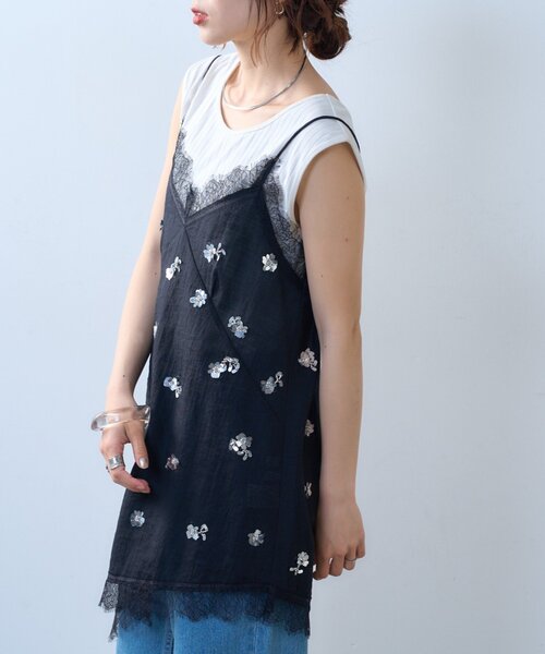 CIAOPANIC TYPY（チャオパニックティピー）の「【willow】スパンコールビーズレースアシメキャミチュニック（Tシャツ/カットソー・レディース・ブラック/ホワイト・ONE SIZE）」の19枚目の写真
