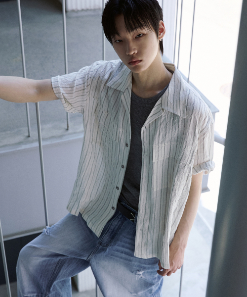 P.IN.O(ピインオ)の「クリーズストライプオープンカラーシャツ - アイボリー(シャツ/ブラウス・メンズ・その他・MEDIUM/LARGE/X-LARGE)」の1枚目の写真
