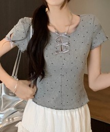 カットアウト リボン付き ドット柄 半袖Tシャツ