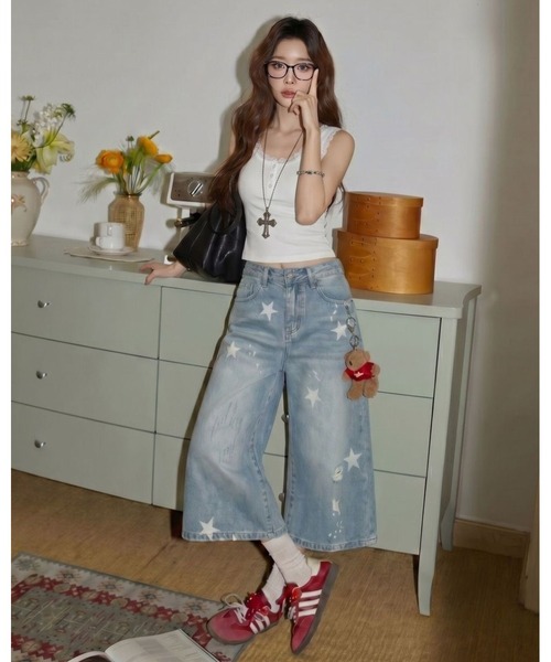 inst.ALL(インストール)の「スタープリントルーズデニムハーフパンツ(デニムパンツ・レディース・ブルー・S/L/M/LL)」の4枚目の写真