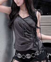 NOT KNOWING（ノットノーイング）の「別注【NOT KNOWING】Eyelet Lace Up CAMI Hoodie  / 【ノットノーイング】アイレットレースアップキャミソールフーディ袖なしトップス（キャミソール）」