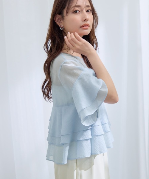 COHINA（コヒナ）の「ハーフスリーブティアードシアーブラウス 【低身長・小柄女性】（シャツ/ブラウス・レディース・ブラック/ブルー/アイボリー/ピンク・ONE SIZE）」の6枚目の写真
