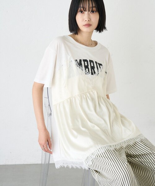 CIAOPANIC TYPY(チャオパニックティピー)の「【WEB限定】サテンレースランジェリードッキングTee(Tシャツ/カットソー・レディース・ホワイト/ホワイト系その他/チャコールグレー・ONE SIZE)」の2枚目の写真