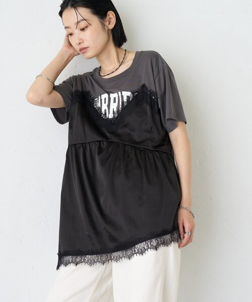 CIAOPANIC TYPY(チャオパニックティピー)の「【WEB限定】サテンレースランジェリードッキングTee(Tシャツ/カットソー・レディース・ホワイト/ホワイト系その他/チャコールグレー・ONE SIZE)」の1枚目の写真