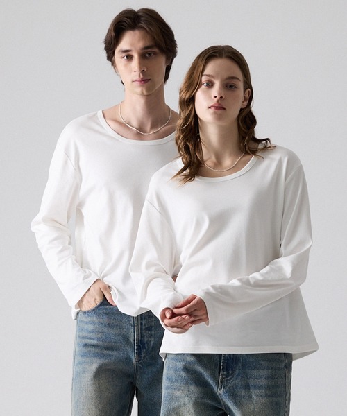 CLEL(クレイル)の「【CLEL】Giza Cotton U-Neck T-Shirt / ギザコットン UネックTシャツ(ロンT/吸水速乾)(Tシャツ/カットソー・メンズ・ブラック/グレー系1/ホワイト/グレー系・L/S/XS/M)」の2枚目の写真