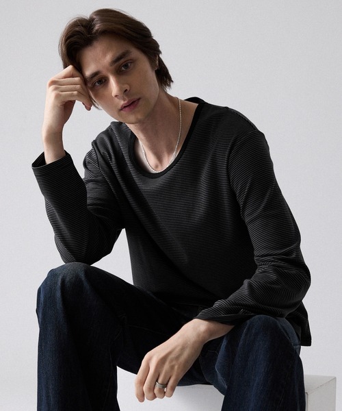 CLEL(クレイル)の「【CLEL】Giza Cotton U-Neck T-Shirt / ギザコットン UネックTシャツ(ロンT/吸水速乾)(Tシャツ/カットソー・メンズ・ブラック/グレー系1/ホワイト/グレー系・L/S/XS/M)」の5枚目の写真
