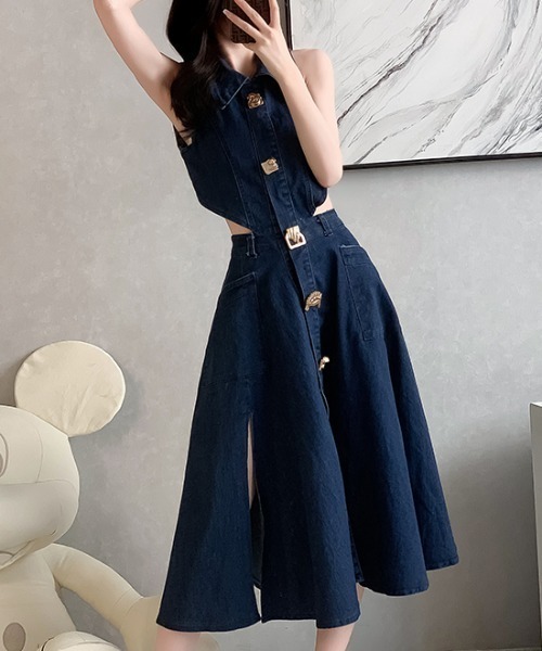 FAVORITO(ファヴォリート)の「バックオープンデニムワンピース(ワンピース・レディース・ダークブルー・XL/L/M/S)」の2枚目の写真