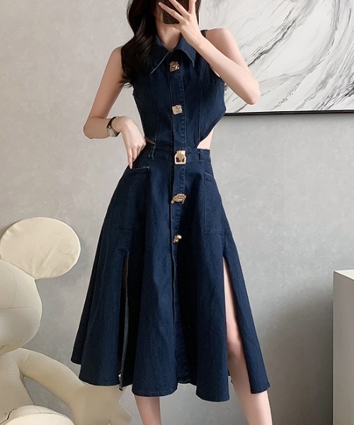 FAVORITO(ファヴォリート)の「バックオープンデニムワンピース(ワンピース・レディース・ダークブルー・XL/L/M/S)」の3枚目の写真