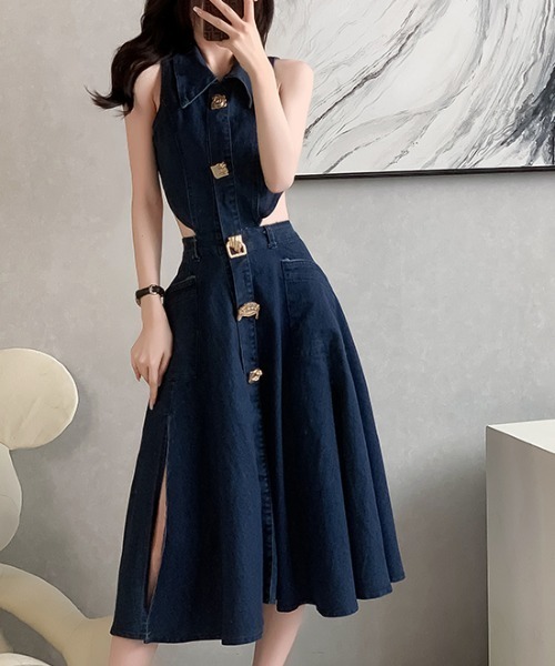 FAVORITO(ファヴォリート)の「バックオープンデニムワンピース(ワンピース・レディース・ダークブルー・XL/L/M/S)」の4枚目の写真
