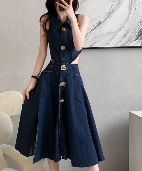 FAVORITO(ファヴォリート)の「バックオープンデニムワンピース(ワンピース・レディース・ダークブルー・XL/L/M/S)」の5枚目の写真