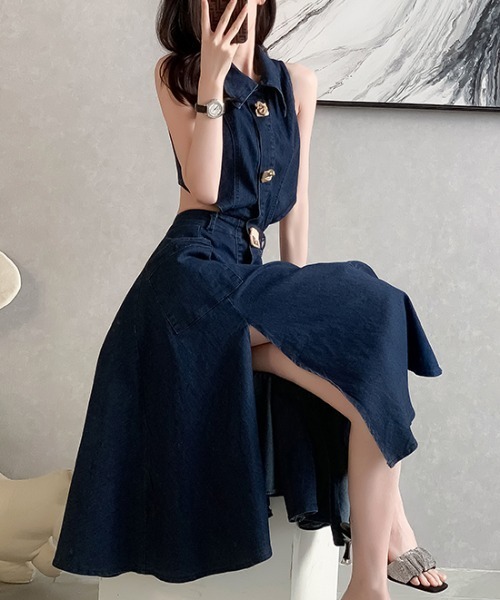 FAVORITO(ファヴォリート)の「バックオープンデニムワンピース(ワンピース・レディース・ダークブルー・XL/L/M/S)」の9枚目の写真