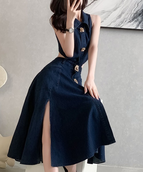 FAVORITO(ファヴォリート)の「バックオープンデニムワンピース(ワンピース・レディース・ダークブルー・XL/L/M/S)」の10枚目の写真