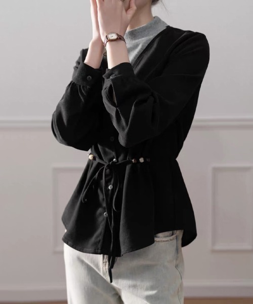 ONEP STAR（ワンピスター）の「ハイネック＆Vネックドッキング長袖トップス（シャツ/ブラウス・レディース・ブラック・MEDIUM/X-LARGE/LARGE）」の8枚目の写真