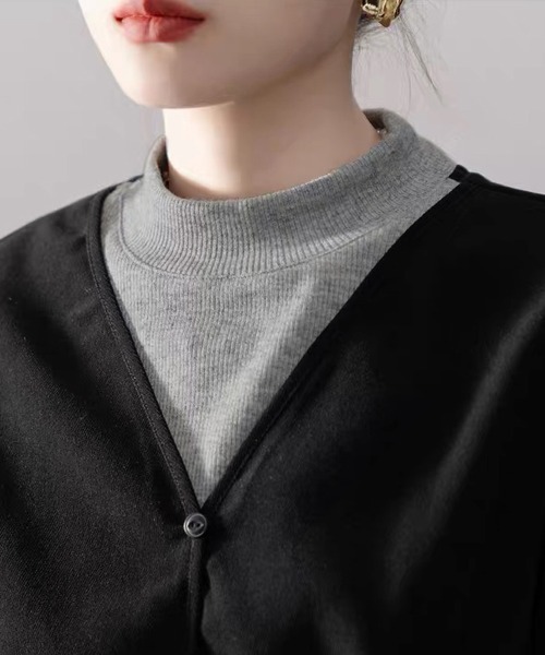 ONEP STAR（ワンピスター）の「ハイネック＆Vネックドッキング長袖トップス（シャツ/ブラウス・レディース・ブラック・MEDIUM/X-LARGE/LARGE）」の10枚目の写真
