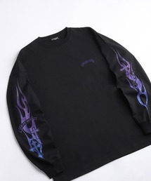 袖プリント 薔薇 炎 ワンポイント刺繍 ビッグシルエット ロングスリーブTシャツ