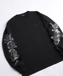 袖プリント 薔薇 炎 ワンポイント刺繍 ビッグシルエット ロングスリーブTシャツ