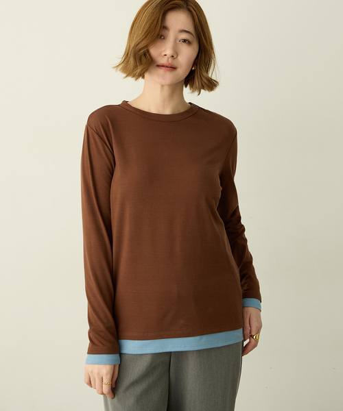 Petit Honfleur(プチオンフルール)の「レイヤード風配色ロングスリーブTシャツ(Tシャツ/カットソー・レディース・グレー/アイボリー/ブラウン・M/L)」の3枚目の写真
