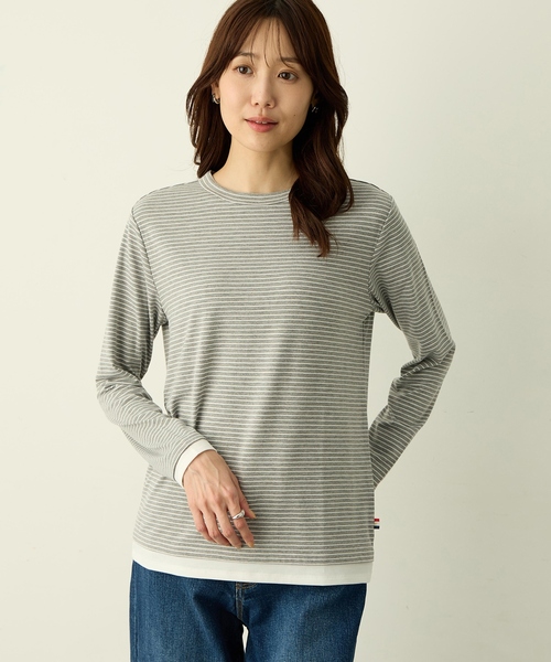 Petit Honfleur(プチオンフルール)の「レイヤード風配色ロングスリーブTシャツ(Tシャツ/カットソー・レディース・グレー/アイボリー/ブラウン・M/L)」の2枚目の写真