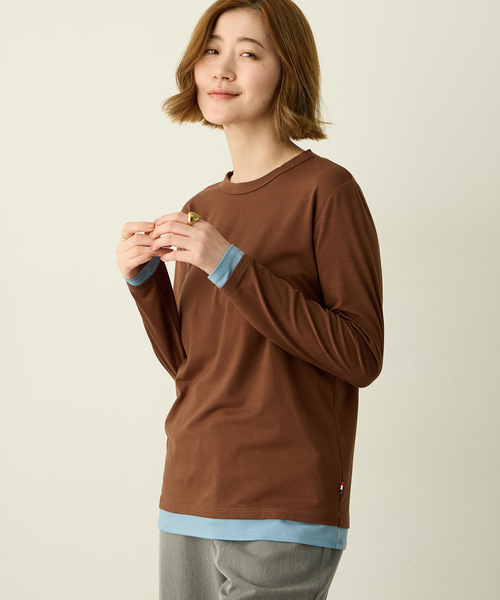 Petit Honfleur(プチオンフルール)の「レイヤード風配色ロングスリーブTシャツ(Tシャツ/カットソー・レディース・グレー/アイボリー/ブラウン・M/L)」の5枚目の写真