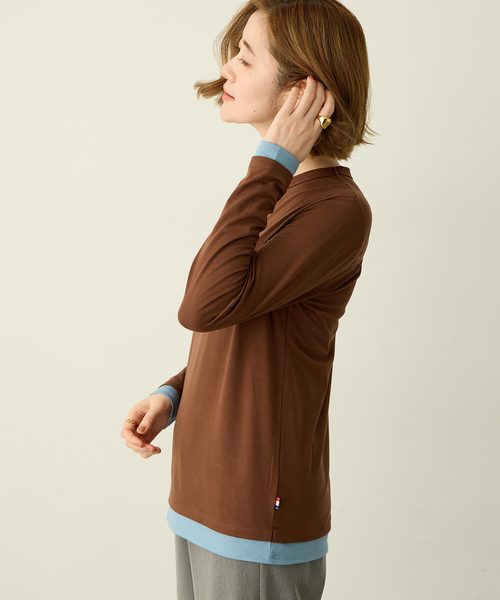 Petit Honfleur(プチオンフルール)の「レイヤード風配色ロングスリーブTシャツ(Tシャツ/カットソー・レディース・グレー/アイボリー/ブラウン・M/L)」の7枚目の写真