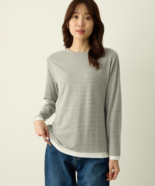 Petit Honfleur(プチオンフルール)の「レイヤード風配色ロングスリーブTシャツ(Tシャツ/カットソー・レディース・グレー/アイボリー/ブラウン・M/L)」の12枚目の写真