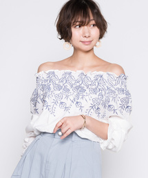 SY3 | 袖コンシャスエスニック風花柄刺繍ロング丈ドロップショルダーブラウス(シャツ/ブラウス)